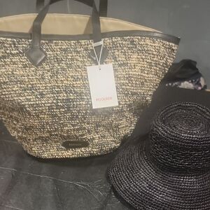 Poolside Two-Tone Woven Tote in Natural and Black And Beach Hat By Republic